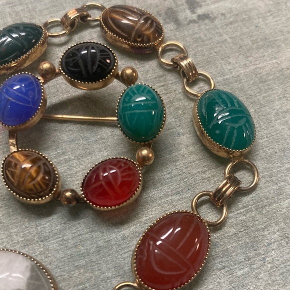 B.A. Ballou Vintage 1950's Vermeil 6 Oval Hardstone Scarab Link Bracelet 7" - Picture 13 of 14